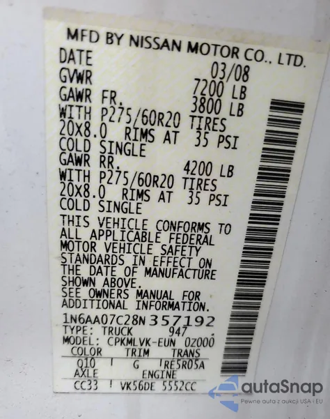 2008 Nissan Titan Xe from USA, damaged, VIN 1N6AA07C28N357192